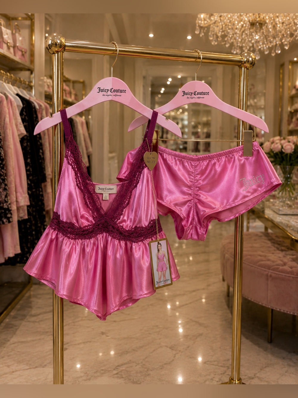 Juicy Couture Satin Pink Pajama Cami & Shorts Set with Lace